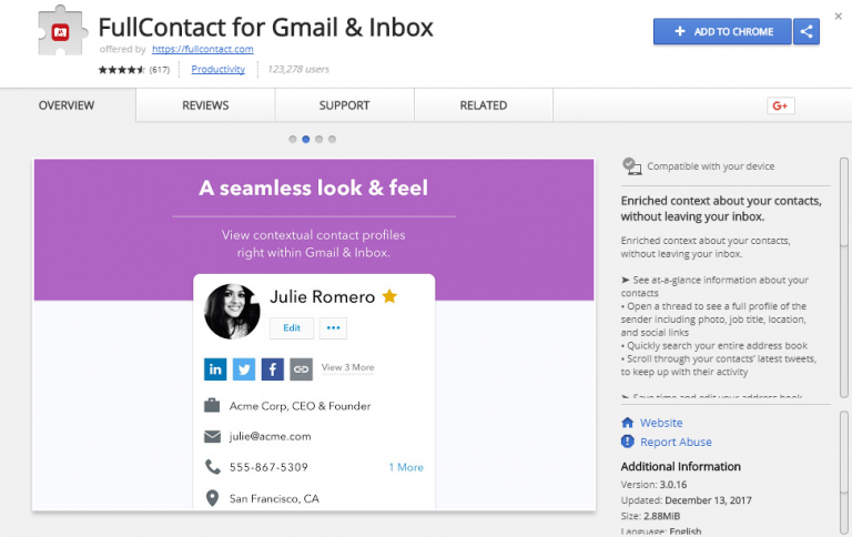 FullContact for Gmail Inbox extension screenshot