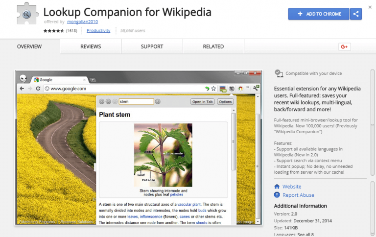 Lookup Companion for Wikipedia extension screenshot