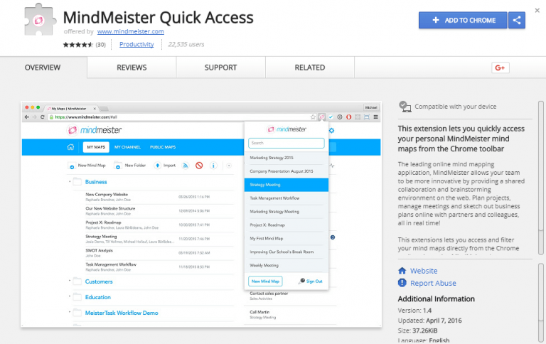 Mind Meister Quick Access extension screenshot