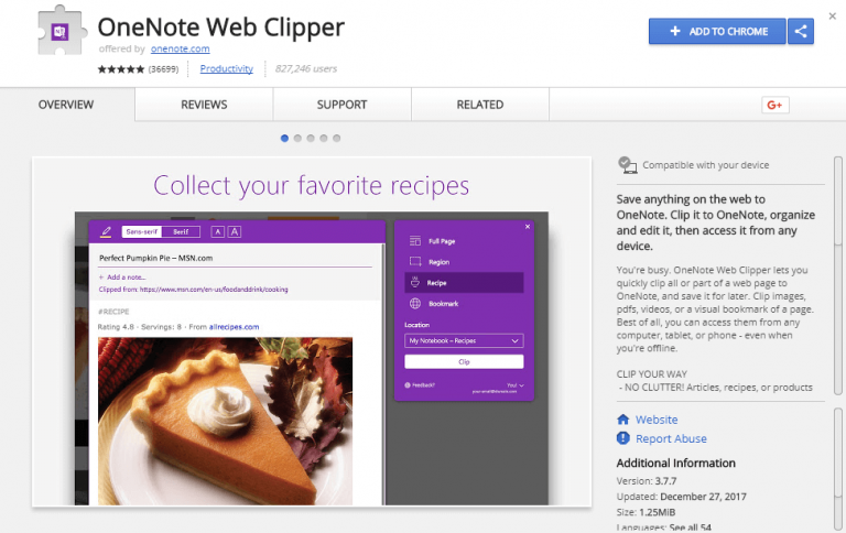 OneNote Web Clipper chrome extension screenshot