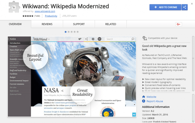Wikiwand Wikipedia Modernized extension screenshot